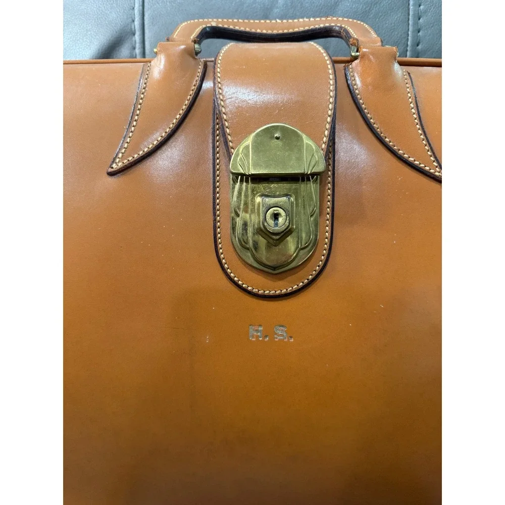 Vintage Tan Leather Briefcase Brass Lock Accordion Document Bag  H.S.‎